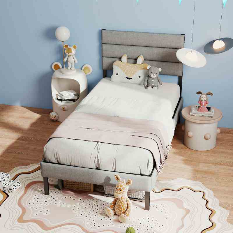 Twin Size Modern Upholstered Bed Frame with Headboard, No Box Spring Needed, Underbed Storage, Gray