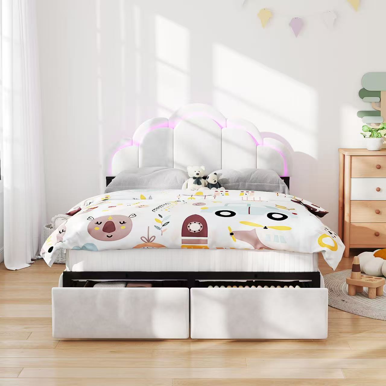 Full Bed Frame with Storage Drawers, Upholstered LED Full Bed Frame with Headboard for Kids,Toddlers,Girls, Velvet Princess Platform Cute Bed with Hea