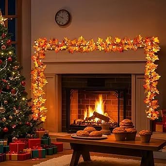 6Fall Leaf Garland with 35 Bulb Lights – Autumn Maple Leaves Garland, Fall Decorations for Home, Wreath & Thanksgiving Decor, Indoor Outdoor Holiday String Lights (6ft 35 Bulds)