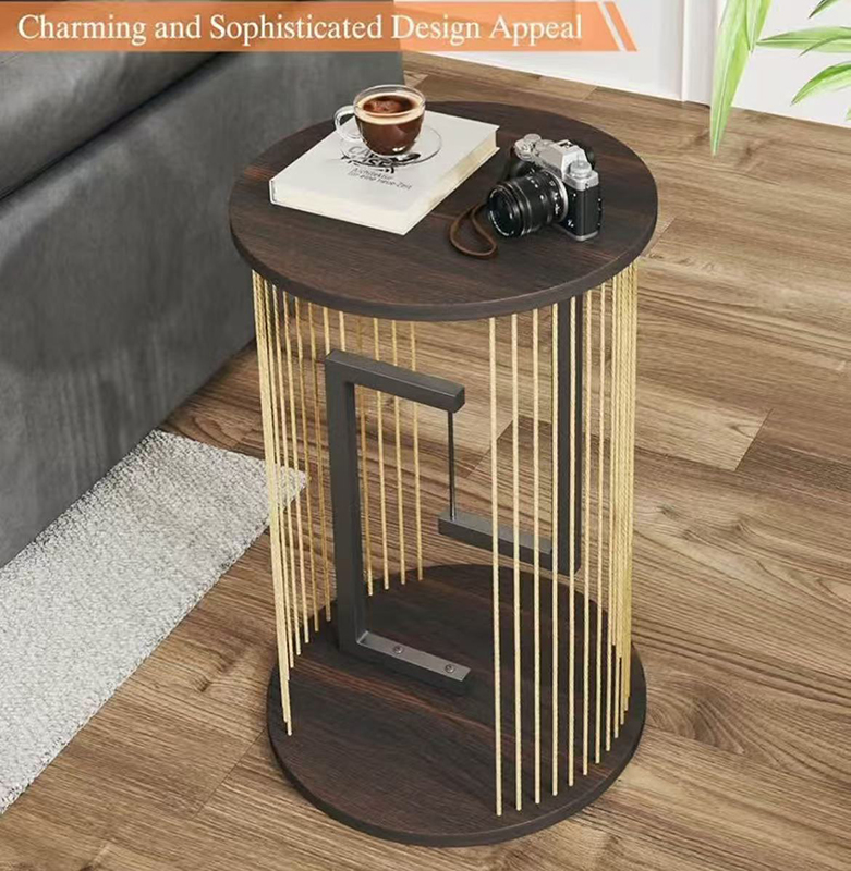 Side Table, Round End Table for Living Room, Bedroom, Black LED Nightstand with Twine Rope Design, Mid Century Modern Wood Accent Coffee Table, Antique Nightstand