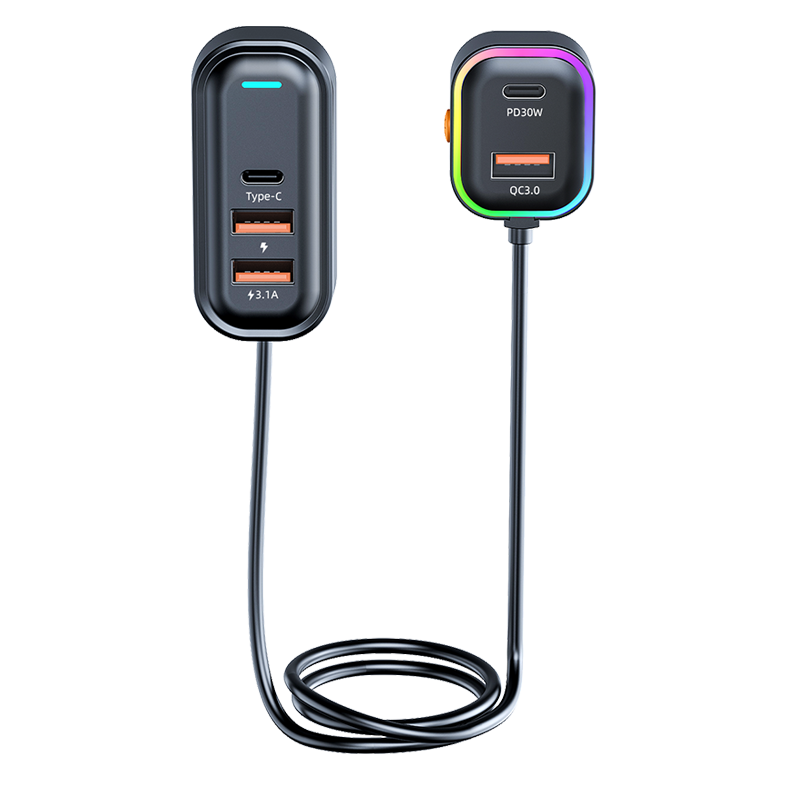 5-Port Car Charger, 30W PD & QC3.0 Fast Charging Adapter, with 5ft (1.5m) Extension Cord and Clip, RGB Ambient Light, Front/Rear Multi-USB Car Cigarette Lighter Splitter, Compatible with iPhone 15/14/13, Samsung Galaxy, iPad, Tablets.