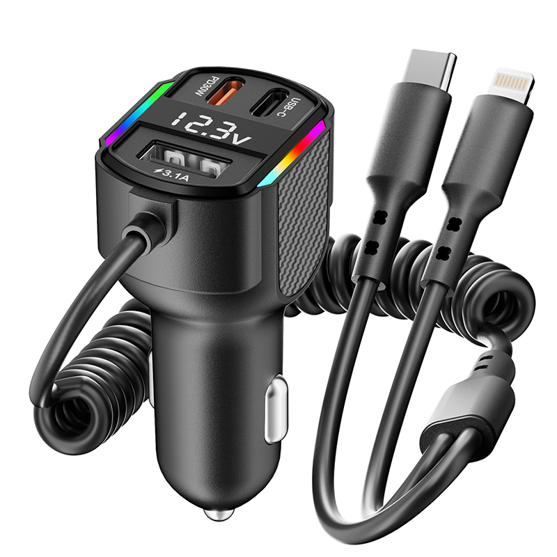 78W Car Charger Fast Charge with Retractable USB-C and Lightning Cables, PD 30W & QC 3.1A Ports, LED Voltage Display & RGB Light, Compatible with iPhone 15/14/13, Samsung Galaxy, iPad.