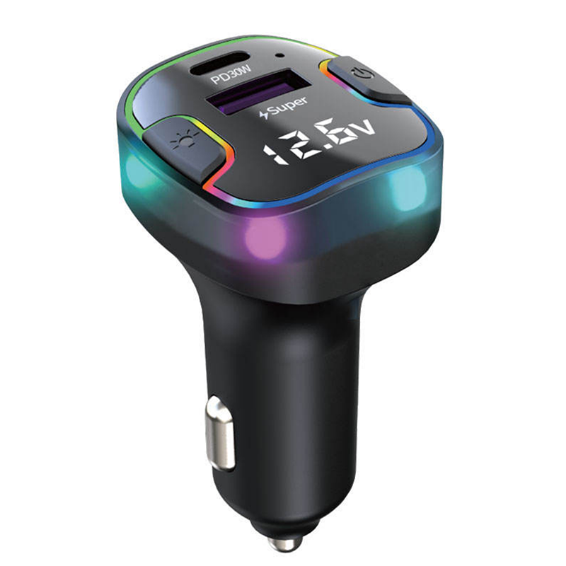 Bluetooth 5.3 Car FM Transmitter, PD 30W & QC 3.0 Fast Car Charger, with 12.6V Voltage Display, RGB Backlit, Hands-Free Calling, Support USB Drive Music Player