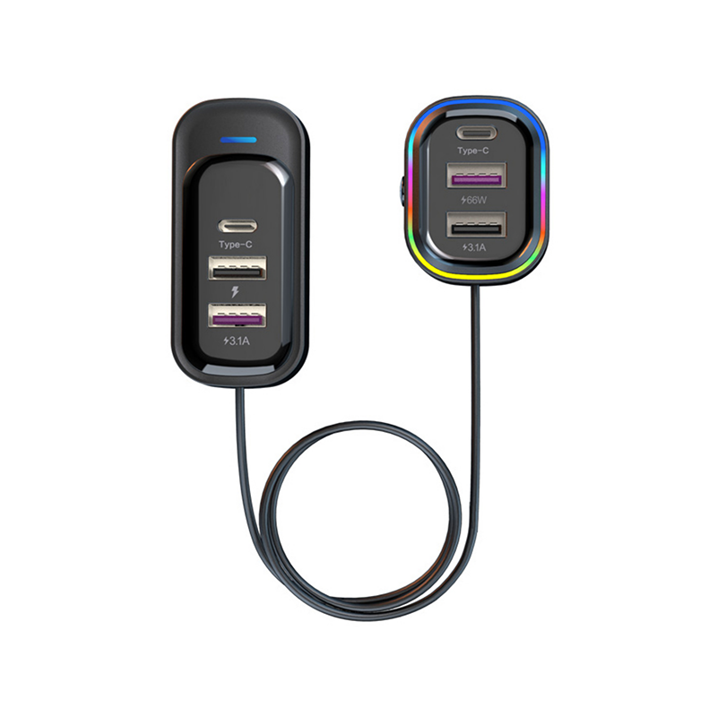 Car Charger Adapter with 5ft Extension Cable, 66W Fast Charging, 3 USB & 3 Type-C Ports, 12V/24V Multiport Car Phone Charger Station for iPhone 15/14/13, Samsung, iPad, Tablets - Black