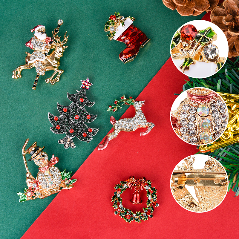 Christmas Brooch Pins Crystal Christmas Tree Snowflake Jingle Bell Reindeer Enamel Brooches Holiday Party Gift for Women