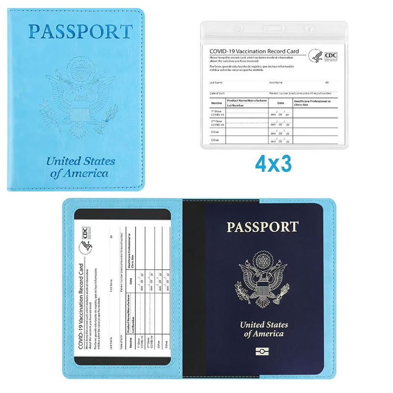Passport Holder Cover for US Passport with Vaccine Card Slot, Slim PU Leather Travel Wallet Protector for Men & Women, Light Blue