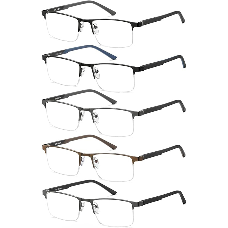 5-Pack Blue Light Blocking Reading Glasses, Metal Half Frame Business Readers, Anti Eyestrain & UV Glare Filter, Value Set in Gift Box