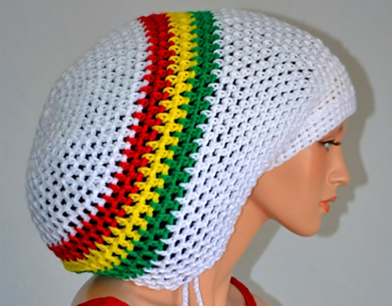 White Reggae Slouchy Beanie with Stripes, Rasta Style Crochet Knit Tam Hat for Men & Women, Hip Hop Party Accessory
