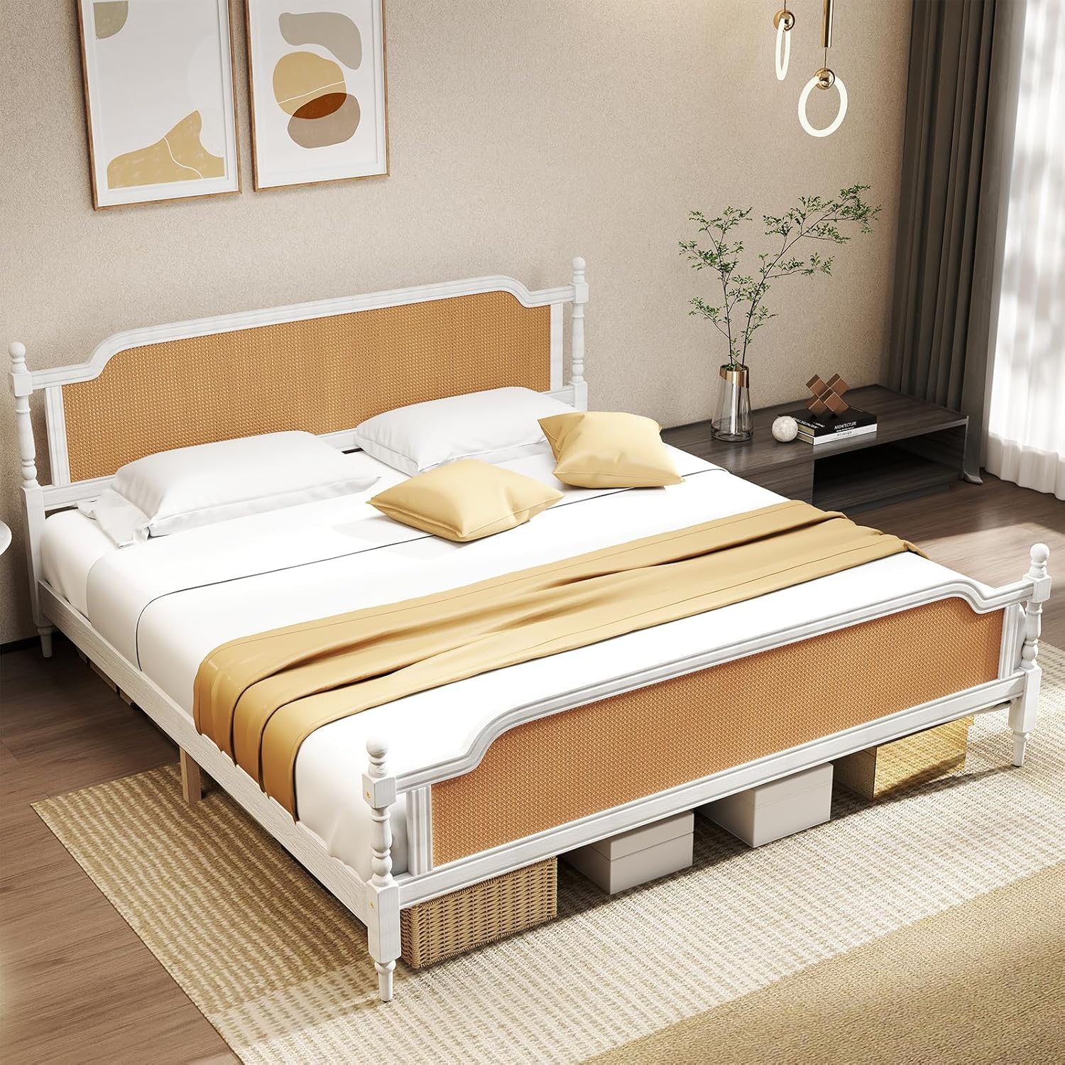 Rattan Queen Bed Frame,King Size Platform Bed Frame with Natural Headboard and Footboard, Boho and Mid Century Style, Solid Pine Wood,No Box Spring Needed, Easy Assembly, Antique White