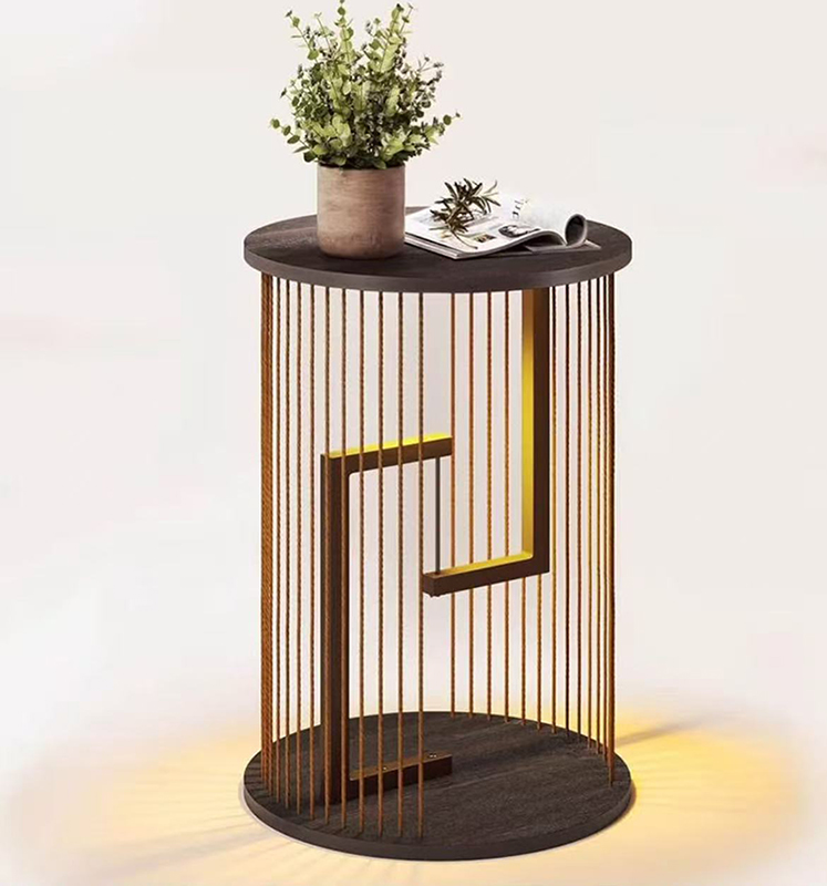 Side Table, Round End Table for Living Room, Bedroom, Black LED Nightstand with Twine Rope Design, Mid Century Modern Wood Accent Coffee Table, Antique Nightstand - Image 2