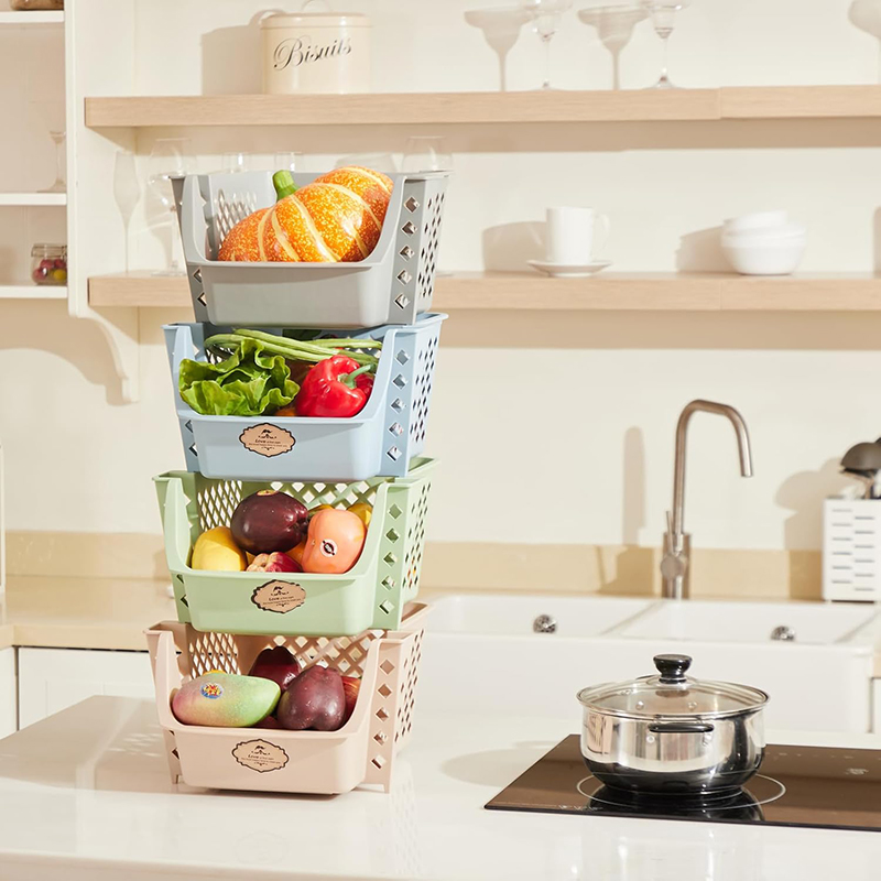 Titan Mall Stackable Storage Bins set of 4 Plastic Storage Bins, Organizers for Food, Snacks, Bottles, Toiletries, Blue-Green-Pink-Khaki Color Storage Containers Stacking Baskets ( Made in USA ) - Image 3