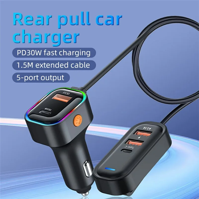 5-Port Car Charger, 30W PD & QC3.0 Fast Charging Adapter, with 5ft (1.5m) Extension Cord and Clip, RGB Ambient Light, Front/Rear Multi-USB Car Cigarette Lighter Splitter, Compatible with iPhone 15/14/13, Samsung Galaxy, iPad, Tablets. - Image 2
