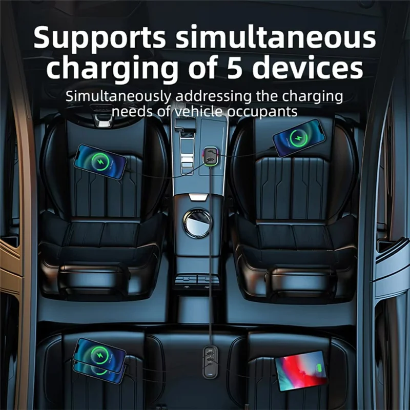 5-Port Car Charger, 30W PD & QC3.0 Fast Charging Adapter, with 5ft (1.5m) Extension Cord and Clip, RGB Ambient Light, Front/Rear Multi-USB Car Cigarette Lighter Splitter, Compatible with iPhone 15/14/13, Samsung Galaxy, iPad, Tablets. - Image 4