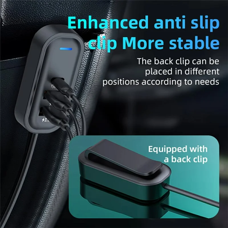 5-Port Car Charger, 30W PD & QC3.0 Fast Charging Adapter, with 5ft (1.5m) Extension Cord and Clip, RGB Ambient Light, Front/Rear Multi-USB Car Cigarette Lighter Splitter, Compatible with iPhone 15/14/13, Samsung Galaxy, iPad, Tablets. - Image 3