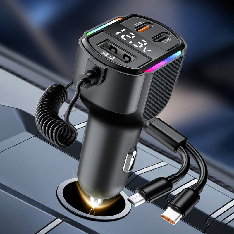 78W Car Charger Fast Charge with Retractable USB-C and Lightning Cables, PD 30W & QC 3.1A Ports, LED Voltage Display & RGB Light, Compatible with iPhone 15/14/13, Samsung Galaxy, iPad. - Image 2