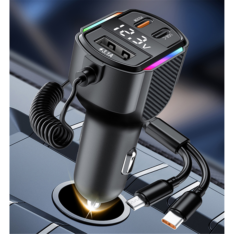 Car Charger Adapter with PD 30W & 3.1A USB Port, Built-in Coiled USB-C and Micro Cables, LED Voltage Display & RGB Light, Compatible with iPhone 15/14/13, Samsung, Pixel, Tablets - Image 2