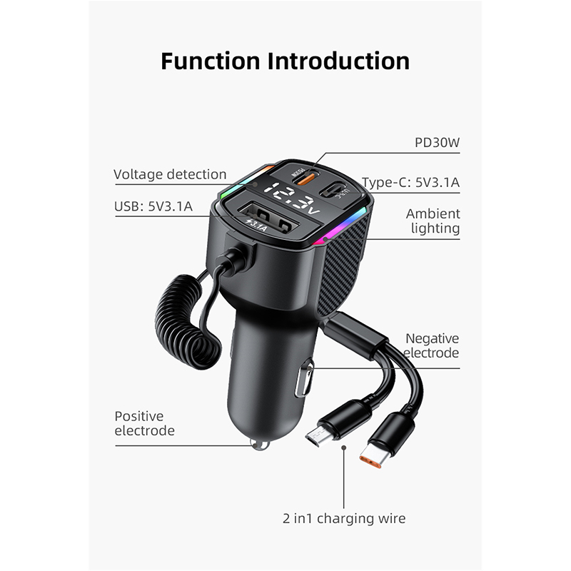 Car Charger Adapter with PD 30W & 3.1A USB Port, Built-in Coiled USB-C and Micro Cables, LED Voltage Display & RGB Light, Compatible with iPhone 15/14/13, Samsung, Pixel, Tablets - Image 5