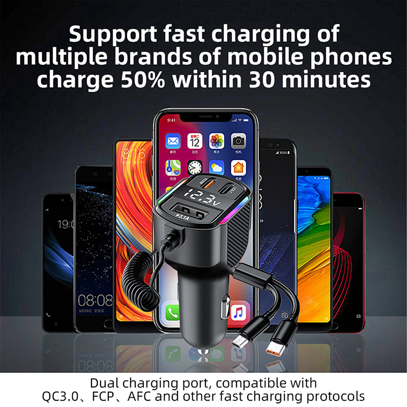 Car Charger Adapter with PD 30W & 3.1A USB Port, Built-in Coiled USB-C and Micro Cables, LED Voltage Display & RGB Light, Compatible with iPhone 15/14/13, Samsung, Pixel, Tablets - Image 3