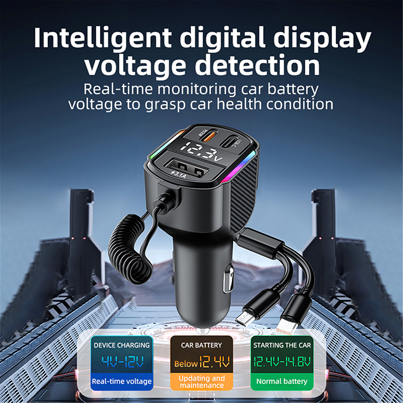 Car Charger Adapter with PD 30W & 3.1A USB Port, Built-in Coiled USB-C and Micro Cables, LED Voltage Display & RGB Light, Compatible with iPhone 15/14/13, Samsung, Pixel, Tablets - Image 4